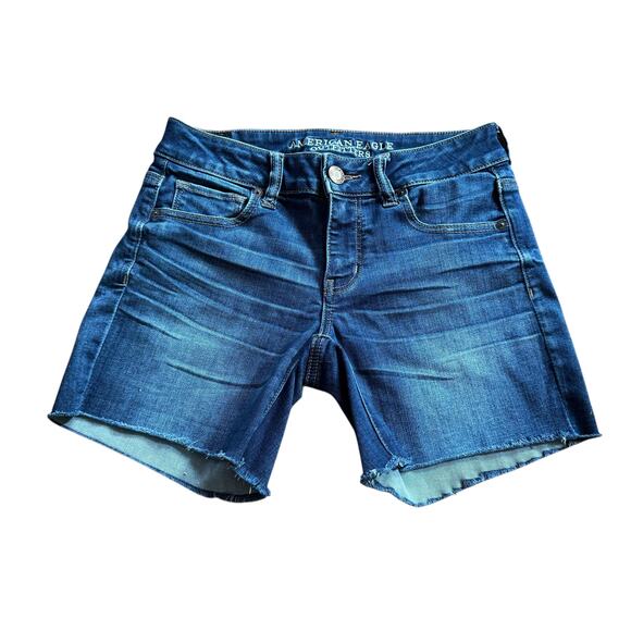 American Eagle Outfitters AE Denim Midi Jeans Shorts Stretch Raw Hem Dark Wash 4 - Picture 1 of 13